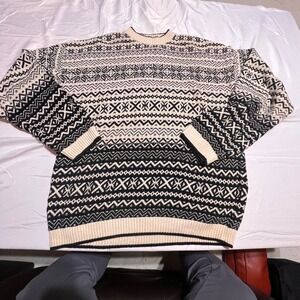 Vtg Jantzen Sport Mens XL‎ Fair Isle Knit Crewneck Sweater Black Cream Geometric